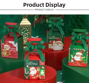 Detail of Christmas gift boxes with festive illustrations and silk ribbon bow handles