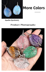 Macro detail of wire-wrapped tree of life pendants in diverse natural crystal teardrops