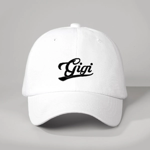 Classic white washed cotton baseball cap with black Gigi embroidery and adjustable strap