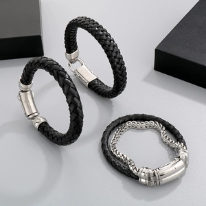 Men's double-layer black braided leather bracelet with stainless steel spring clasp