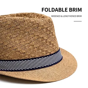 Breathable straw fedora with blue striped band and foldable brim for sun protection