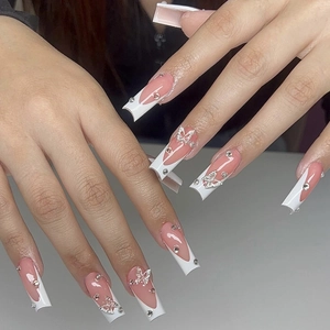 Ongles À Presser Français Papillon Strass Longueur Moyenne Rose Blanc Faux Ongles Artificiels Pour Femmes