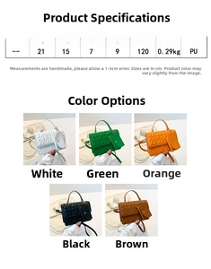 Detailed size chart for quilted PU leather handbag with width 21cm and five color options