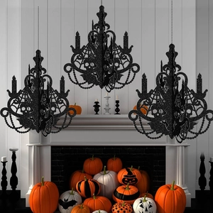 Black glittery Halloween hanging lanterns featuring spider webs and skulls above a fireplace
