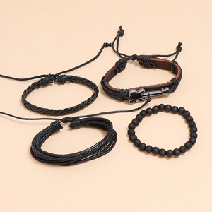 Set of four men's bracelets featuring braided leather, matte black beads, and a guitar charm