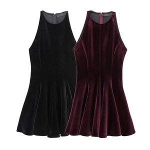 Damen Samt Halter Minikleid Rückenfrei Ärmellos A-Linie Einfarbig Sexy Elegant Party Clubwear Kleid