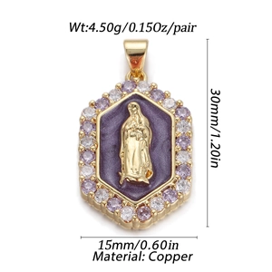 Macro view of gold-plated copper Virgin Mary pendant with purple zircon and size specs