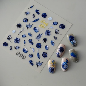 5D embossed nail stickers featuring blue ink wash flowers and butterfly textures