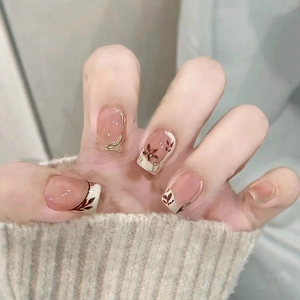 French Nude Pink Press On Nails With Gold Edge Flower Design Elegant Fashion Detachable False Nails For Women Daily Wear