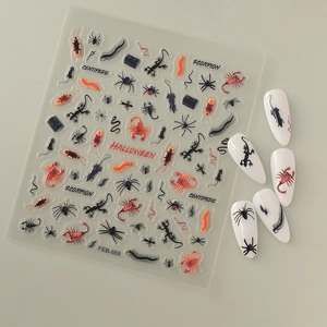 Detail view of 5D Halloween nail stickers featuring realistic scorpions and spiders