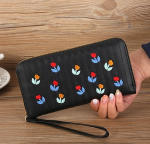 Black long clutch wallet with colorful tulip embroidery and wrist strap for women