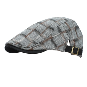 Men's grey plaid flat cap with black brim and adjustable metal buckle strap on back
