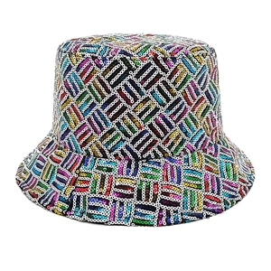 Detailed close-up showing multicolored geometric sequins on a reflective fisherman bucket hat