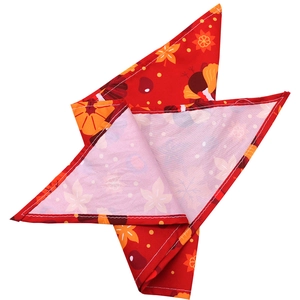 Détail d'un bandana rouge de Thanksgiving pour chiens avec motifs de feuilles et citrouille