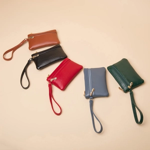 Mini lychee leather coin purses with wrist strap and gold zipper in five colors