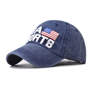 Dark blue washed cotton USA baseball cap with vintage sports embroidery and American flag