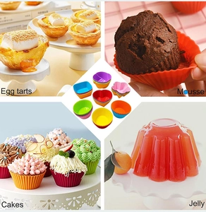 Colorful silicone baking molds showing egg tarts, mousse, cakes and jelly in various shapes