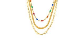 Vue détaillée du collier triple épaisseur en titane doré avec perles multicolores