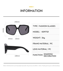 Detailed size specifications for irregular oversized frame sunglasses with grey lenses