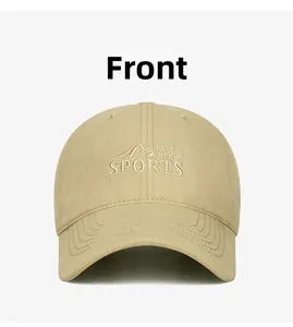 Detailed front view of khaki mountain embroidery on breathable cotton baseball cap