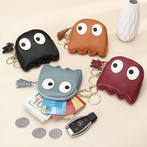 Mini leather monster coin purses with tassel zipper and keychain in four colors