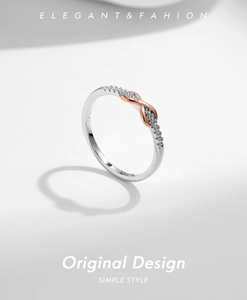 Detail of S925 sterling silver infinity ring with rose gold plating and pavé cubic zirconia