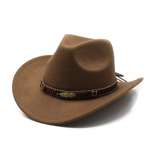 Close-up of brown wool felt cowboy hat with woven band and golden feather metal detail
