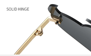 Macro detail of rimless sunglasses showing a solid gold metal hinge and grey lens