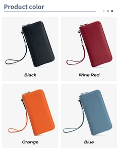 Collage of leather zip wallets in four colors: black, wine red, orange, and blue
