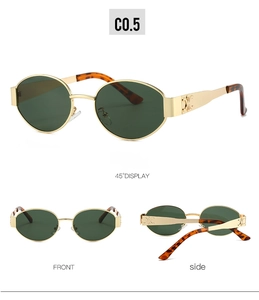 Detailed views of vintage oval sunglasses with gold metal frames and green lenses