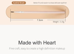 Detail of pink eyeliner brush showing 7.2cm length with silver ferrule and black fiber bristles
