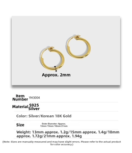Detailed size chart for minimalist S925 sterling silver hoop earrings in 18K gold finish