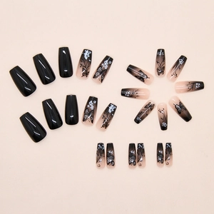 Black and pink gradient butterfly coffin nails with intricate floral and vine artwork