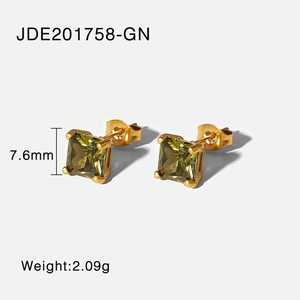 Detail of square olive green zircon stud earrings with 7.6mm size and 2.09g weight info