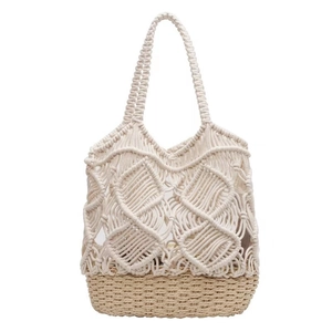 Handwoven cream cotton rope bucket bag with straw base for vacation style