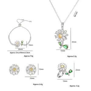 Sparkling sunflower jewelry set with crystal necklace, bracelet, earrings and ring
