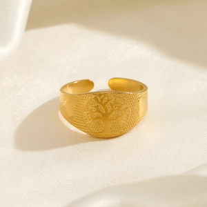 18k gold plated stainless steel Tree of Life open ring with vintage relief design