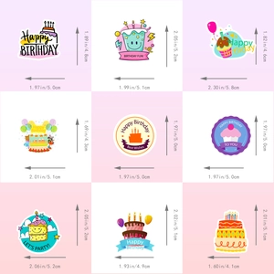 Pack of 50 colorful happy birthday stickers for DIY gifts showing dimensions for each cake design