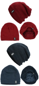 Detail view of winter knitted beanie hats with thick fleece lining and SPORT label