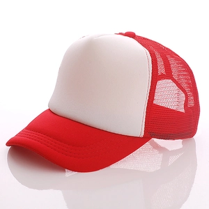 Red and white two-tone trucker cap with breathable mesh back in a profile view