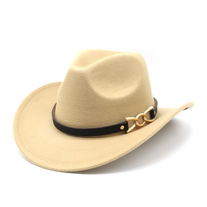 Detail of beige wool cowboy hat featuring a black leather band and gold metal buckle