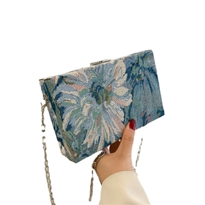 Floral tapestry box clutch bag with vintage embroidery and silver chain strap