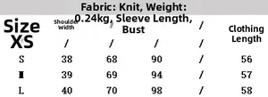 Detailed size chart for knitted short sweater with sleeve and chest measurements