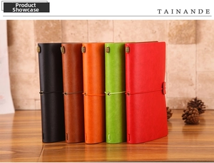 Detail of five leather travel journals with elastic bands on a rustic wooden desk