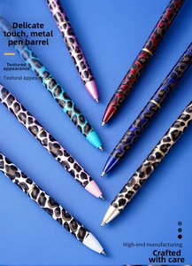 Detail of metal ballpoint pens featuring vibrant leopard print patterns and metallic finish