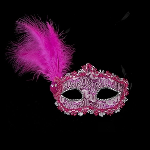 Elegant Venetian lace mask with feathers and rhinestones in bright magenta for masquerade