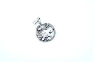 Detailed view of vintage silver Medusa pendant with intricate snake hair carving details