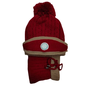 Deep red winter knit hat and scarf set with pom-pom and integrated breathing valve