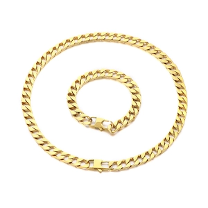Golden hip hop stainless steel Cuban chain set including necklace and bracelet for men