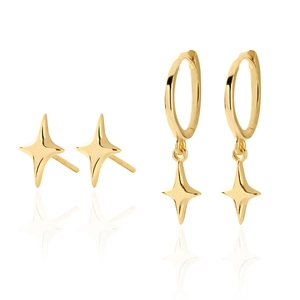 925 Sterling Silver Four Pointed Star Stud And Hoop Huggie Earrings Minimalist Polished Jewelry For Women Men
